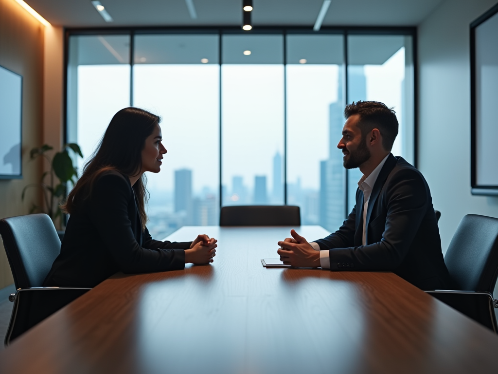 Two professionals in a discussion at a boardroom table with city skyline in the background.