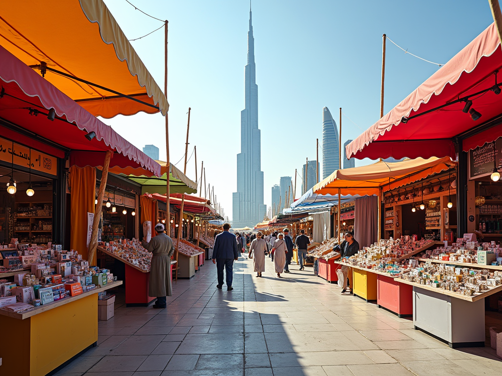 Outdoor market stalls with colorful canopies in Dubai, people shopping with the Burj Khalifa in the background.