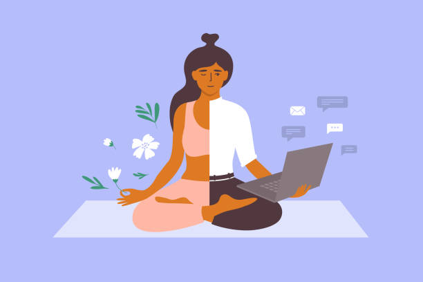 Illustration of a new business owner balancing relaxation on one side and work on the other with a laptop.