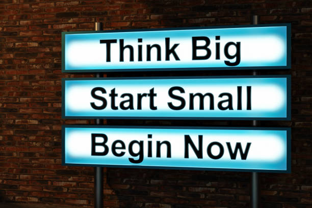 Three motivational signs on a brick wall read "Think Big," "Start Small," and "Begin Now."