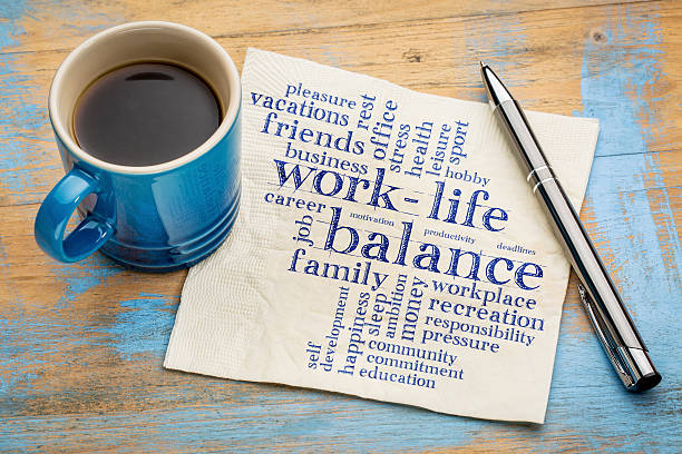 A coffee cup and a pen next to a napkin with words related to work-life balance for small business owners.