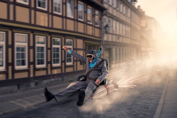 A determined person in a suit rides a rocket-powered chair down a street, symbolizing ambitious business launch.